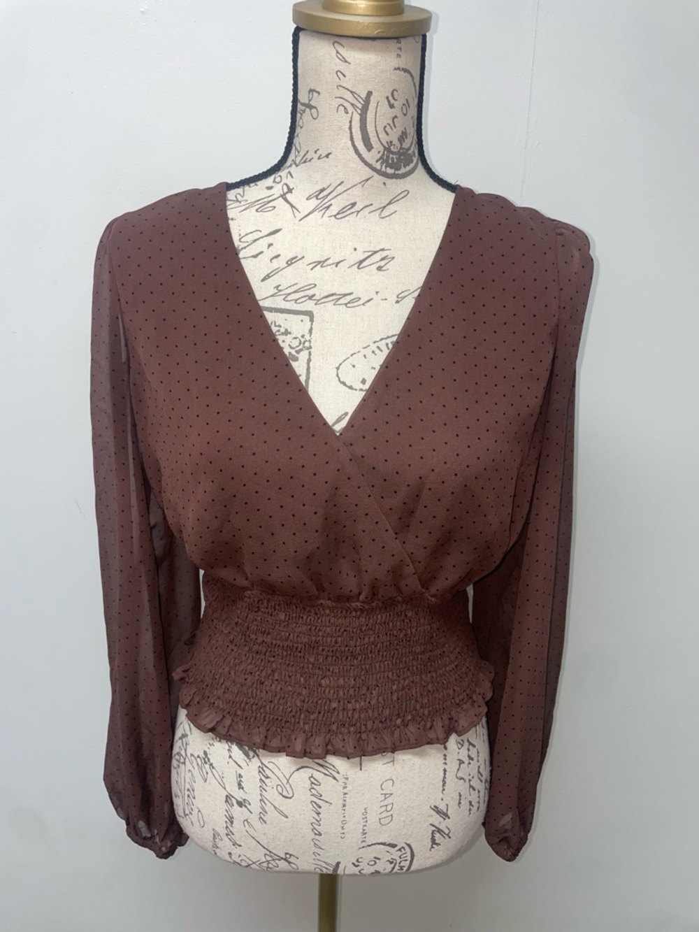 Milk+ HoneyWomen's Brown Smocked Waist Blouse - V-Neck Long Sleeve